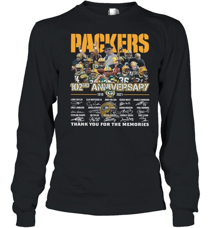 The Green Bay Packers 102nd Anniversary 1919 2021 Signatures Thank You For The Memories shirt Long Sleeved T-shirt