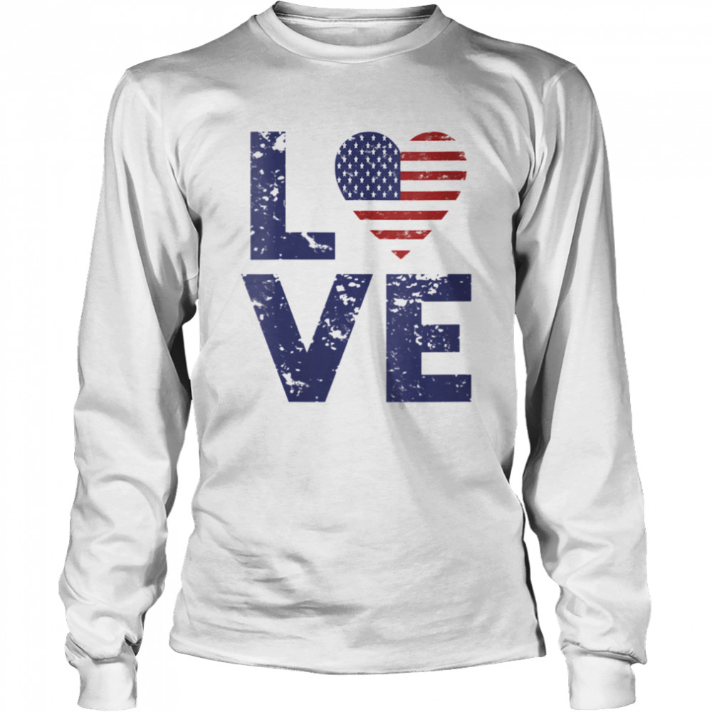 American Flag Heart Love 4th Of July Patriotic America USA  Long Sleeved T-shirt