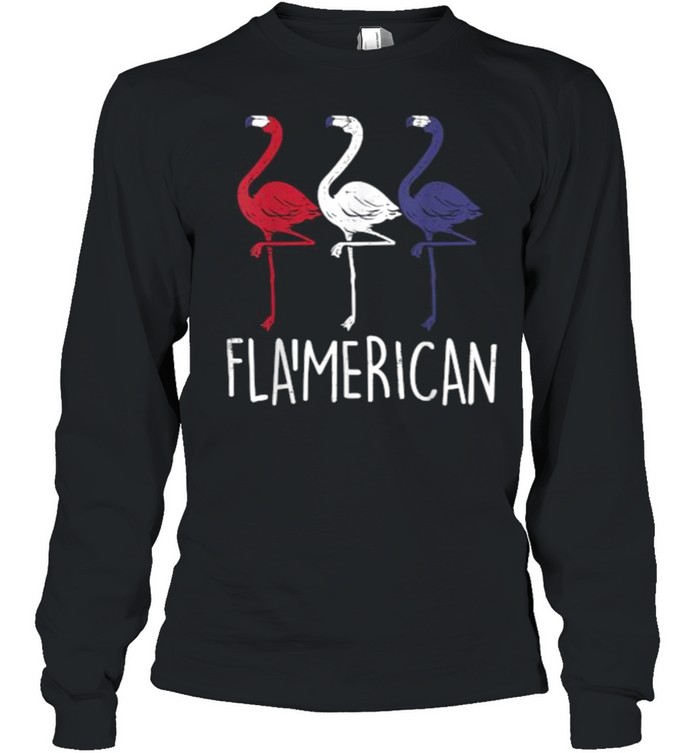 Flamerican Flamingo US American Flag 4th July T- Long Sleeved T-shirt
